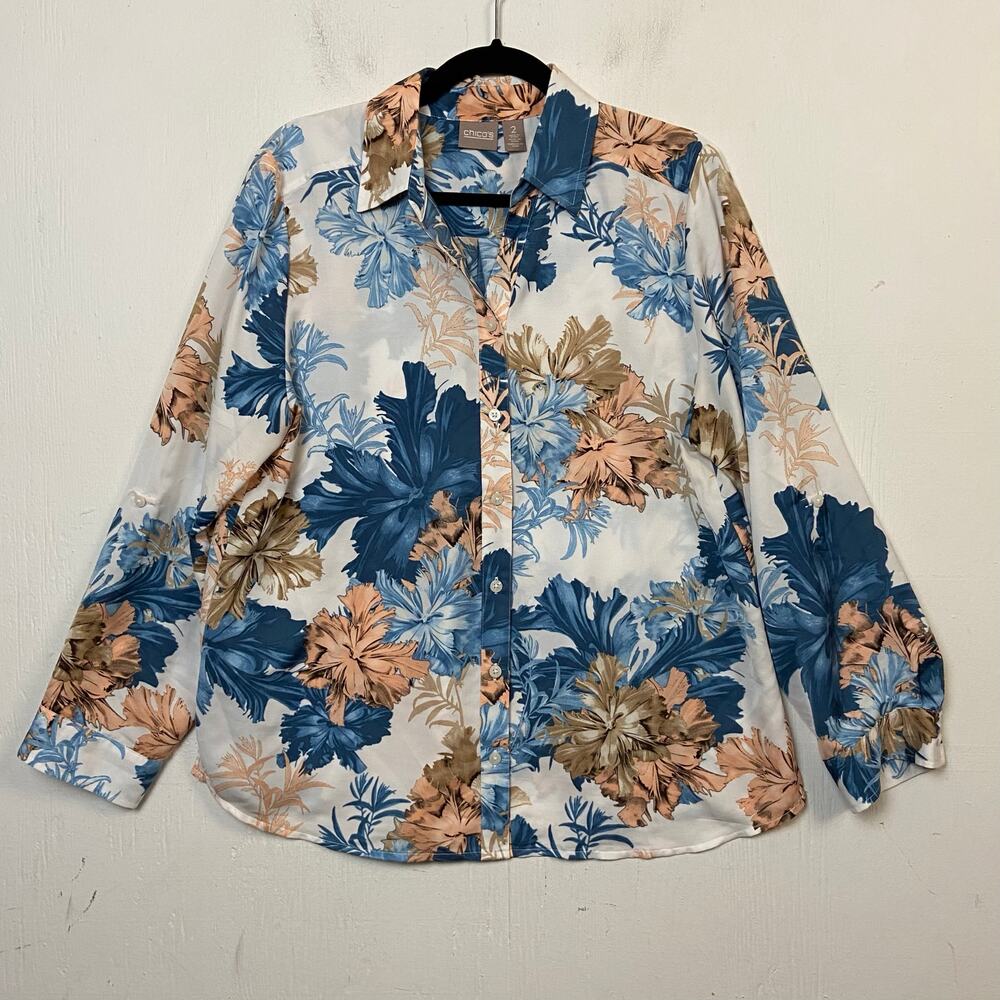 Chico’s Women's Blue Floral Button Up Roll Tab Sleeve Blouse Top Size Large